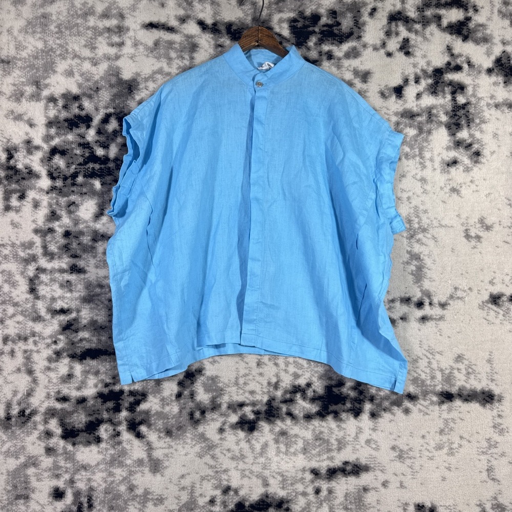 Lauren G Planet Top Womens One Size Blue Sleeveless Button Down 100% Linen